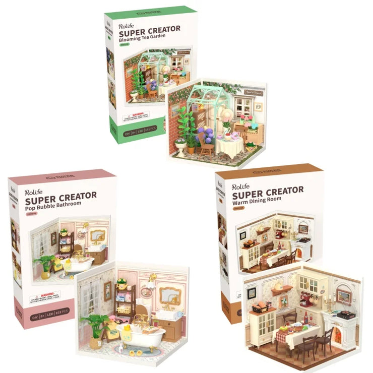 Warm Dining Room, Blooming Tea Garden, Pop Bubble Bathroom  DIY Miniature Dollhouse Kit